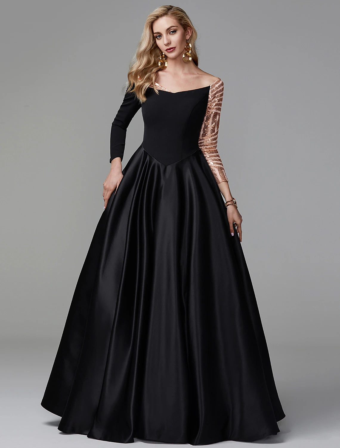 Ball Gown Black Dress Vintage Quinceanera Formal Evening Floor Length Long Sleeve Off Shoulder Satin with Sequin